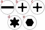 Tornillos: Plano(a), Estrella(b), Pozidriv(c), Torx(d), Allen(e).